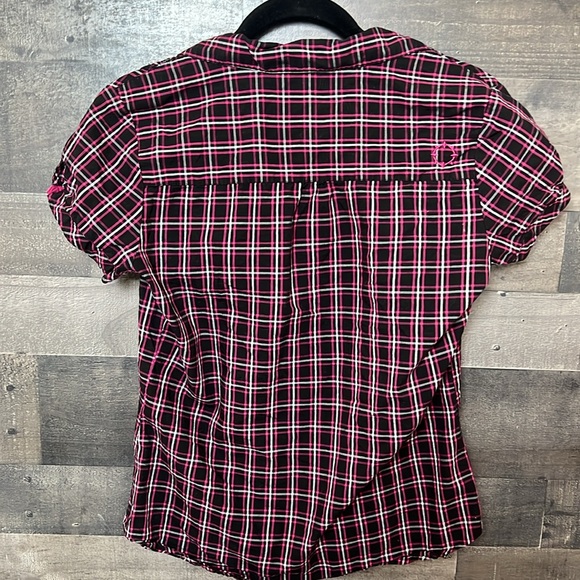 Fun Pink and Black Plaid Empire Button Down Short Sleeve Shirt - Picture 4 of 7